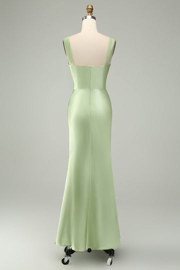 Green Mermaid V Neck Satin Maxi Dress